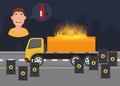 Gas leak and fire inflaming scared vector infographic poster. Tanks of oil and gas and truck with fuel in flame with