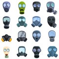 Gas mask icons set, cartoon style
