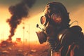 Gas mask on man during explosion. Chemical weapons against civil, destruction of houses and buildings. nuclear war concept.
