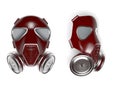 Gas mask. Modern dark red respirator with metal filters. Front and side view. 3d rendering