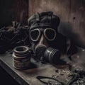 Gas mask on the table in an abandoned building - conceptual image of industrial pollution Royalty Free Stock Photo