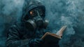 Gas mask-wearing man turns a page. Concept of ecology Royalty Free Stock Photo