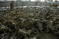 Gas masks on the floor with an old television in an abandoned middle school in Pripyat Royalty Free Stock Photo