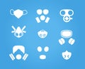 Gas masks and respirators vector icons set, various face masks wearer from inhaling airborne pollutants, viruses