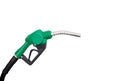 Gas nozzle with one last drop. Green gasoline nozzle on a white background. Refill and filling Oil Gas Fuel on white background. G Royalty Free Stock Photo