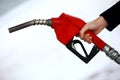 Gas nozzle in woman's hand Royalty Free Stock Photo