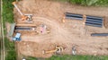 Gas and oil pipeline construction. Pipes welded together. Big pipeline is under construction. Aerial view Royalty Free Stock Photo