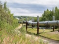 Gas or oil silver steel pipeline winding through landscape overland in Alaska Royalty Free Stock Photo