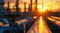 Gas or oil pipes of refinery plant at sunset, scenery of pipeline of petrochemical factory. Perspective view of tube lines, Royalty Free Stock Photo