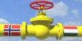 NORWAY HUNGARY gas or oil transit concept. Pipe with valve, 3D rendering