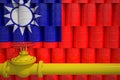 Barrels with flag of Taiwan and gas transportation pipe. 3d rendering