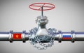 Gas pipeline with flags of Montenegro and Russia, chain - 3D illustration