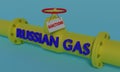 Gas pipeline pipe for pumping gas with closed valve, on which hangs SANCTION sign. On pipe there is inscription russian gas. 3D-