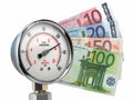 Gas pression gauge meter with euro banknotes. Gas price and heating costs payment concept