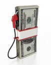 Gas pump attached to 100 dollar bills. 3D illustration Royalty Free Stock Photo