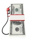 Gas pump attached to 100 dollar bills. 3D illustration Royalty Free Stock Photo