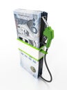 Gas pump attached to Saudi Arabia riyal bills. 3D illustration