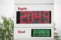 Gas pump prices in Ontario Canada rise and soar to 204.9.9 per liter litre for regular unleaded Royalty Free Stock Photo