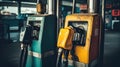 Gas pumps at a gas station with a yellow and green pump