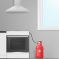Gas red cylinder connected to stove pipe at kitchen realistic vector container of butane