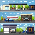 Gas station, car wash and repair shop concept vector banners. People fuel their cars.