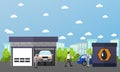 Gas station, car wash and repair shop concept vector banners. Transport related service buildings Royalty Free Stock Photo