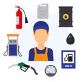 Gas station flat color icons set of canister with petrol, tanker gun, column with pump and worker man isolated vector