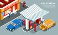 Gas station horizontal background with fuelling stands under the visor and mini market isometric illustration