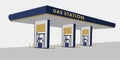 Gas station illustration, gas columns service building in perspective view in blue and golden brown colors