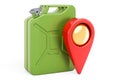 Gas station location concept. Map pointer with jerrycan, 3D rendering Royalty Free Stock Photo