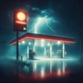 Gas station at night with lightning in the sky. Royalty Free Stock Photo