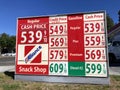 Gas station price sign. The average gasoline price in California exceeded 5 dollars per gallon - San Jose, California, USA - March