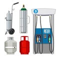 Gas station. Pumping petrol types metal tank cylinders vector illustrations of petrol pumps