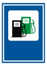 Gas station, road sign, black and green vector icon, blue background Royalty Free Stock Photo