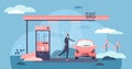 Gas station vector illustration. Fuel refill process in tiny person concept