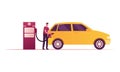 Gas Station Worker Character Pouring Fuel in Car with Filling Gun. Employee at Petroleum Station or Auto Owner