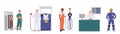 Gas station workers cartoon characters in uniform offering professional service of car refueling set Royalty Free Stock Photo