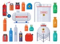 Gas storage. Oxygen, oil cylinders tank and containers. Home and industrial petroleum industry equipment. Bottles and