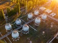 Gas storage sphere tanks in chemical plant, aerial view