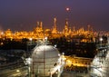 Gas storage spheres tank in petrochemical plant at night