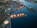 Gas storage terminal in the sea port. Baltic sea, Daugava river.