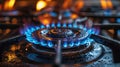 Gas stove burner with blue flame close-up