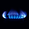 Gas stove burning in the kitchen, blue flames black background Royalty Free Stock Photo