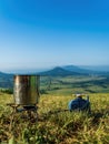 Gas stove cooking on a mountain with beautiful scenery