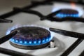 Gas stove at home, natural propane gas burns in kitchen