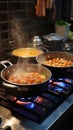 Gas stove magic Pots harmonize, cooking delicious food in kitchen Royalty Free Stock Photo