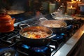 Gas stove magic Pots harmonize, cooking delicious food in kitchen