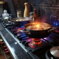 Gas stove magic Pots harmonize, cooking delicious food in kitchen Royalty Free Stock Photo