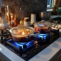 Gas stove magic Pots harmonize, cooking delicious food in kitchen