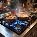 Gas stove magic Pots harmonize, cooking delicious food in kitchen Royalty Free Stock Photo